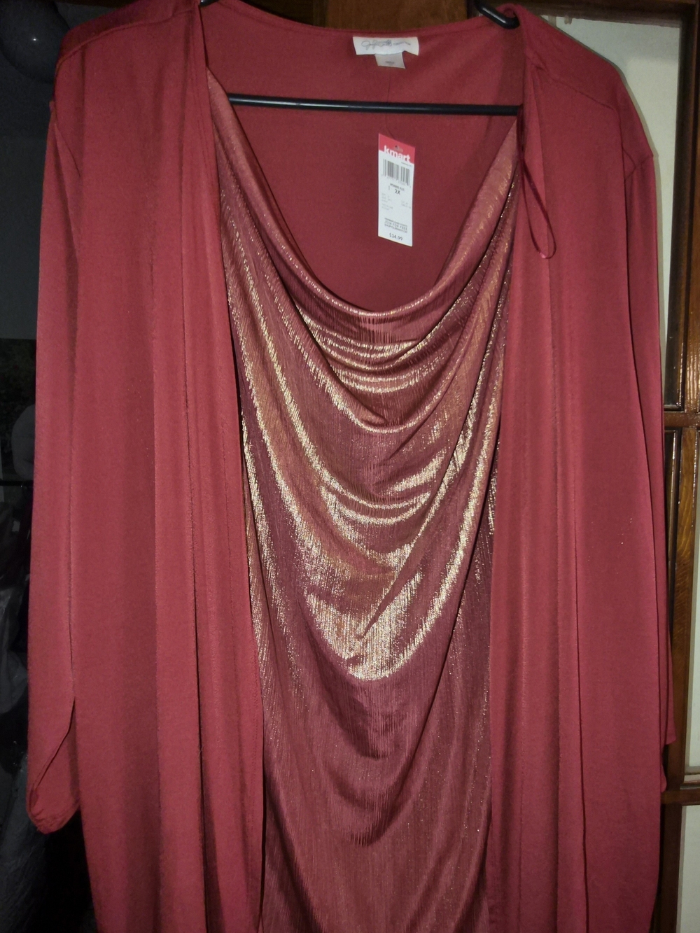 Open-Front Draped Cardigan with Metallic Cowl Tank - Red
